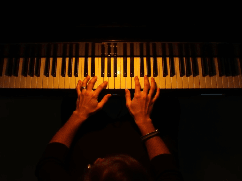 Pianist from above, hands on keys, warmly lit against darkness
