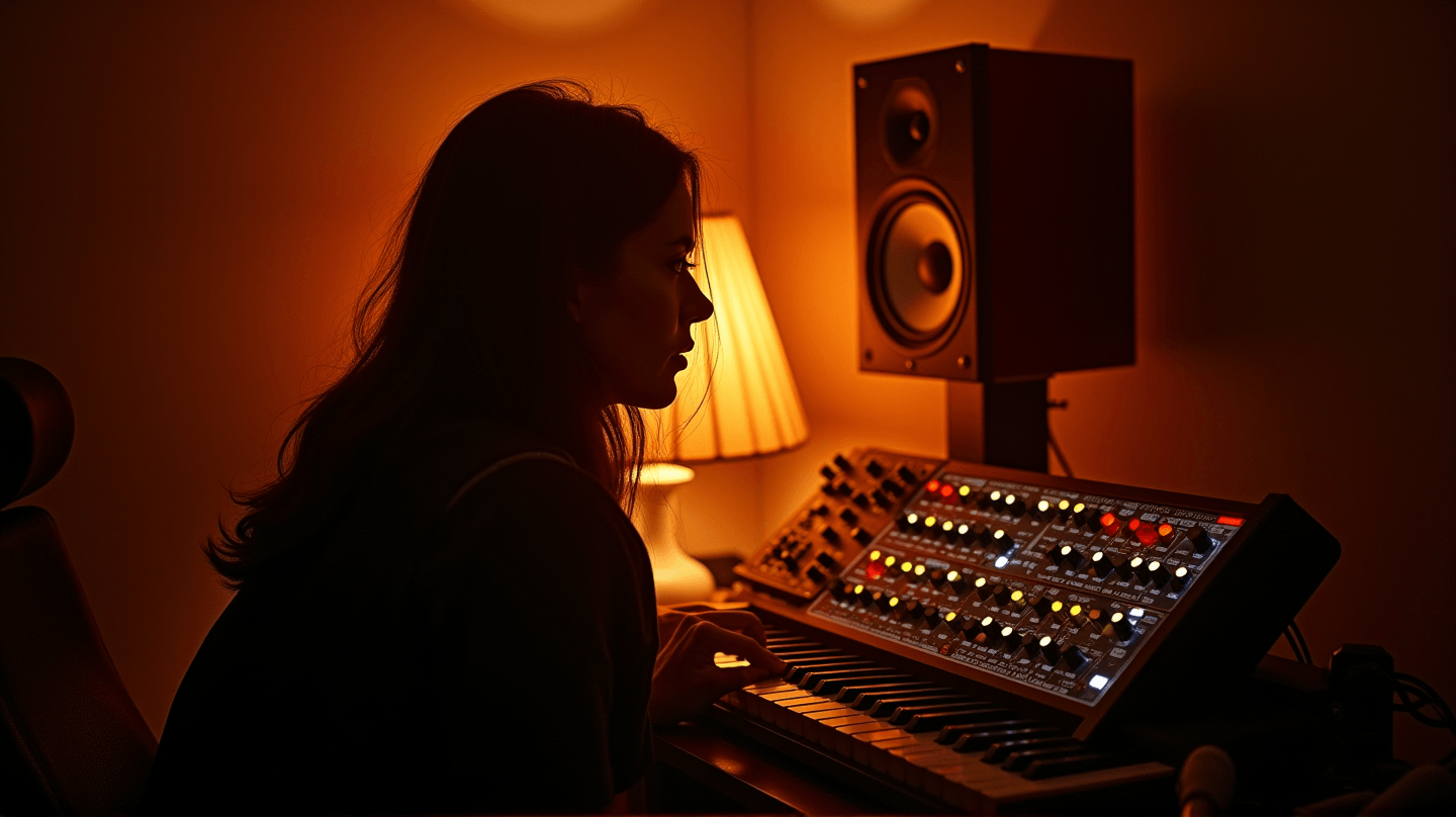 Woman at modular synth setup, shot from behind, warm amber side-light