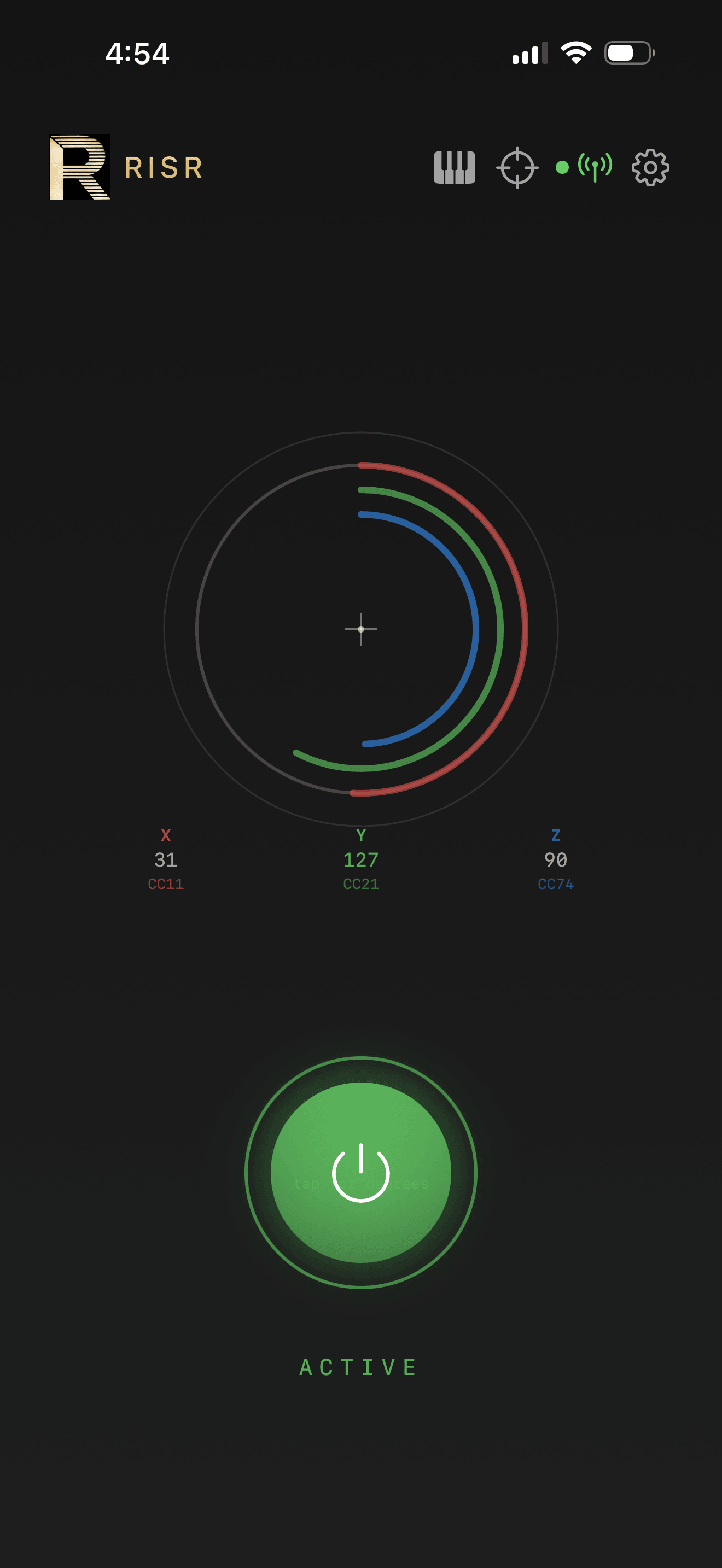 RISR app showing motion rings, three-axis CC readout, and active status